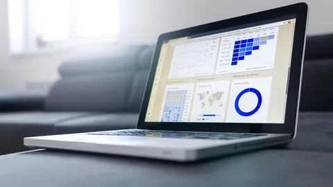 Laptop on a sofa showing charts and a data dashboard used by remote analysts