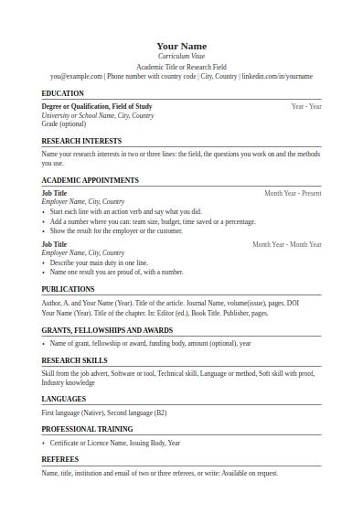 Academic CV template, first page