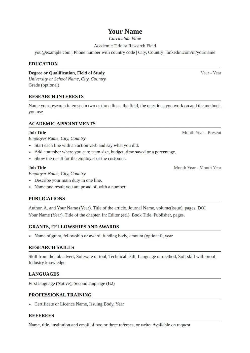 Academic CV template: preview of the first page