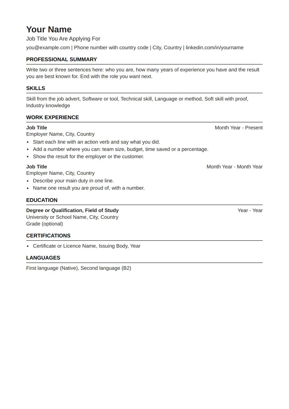 ATS-Friendly CV template: preview of the first page