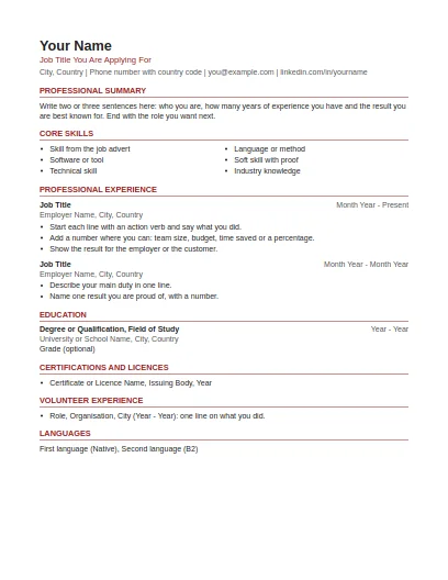 Canadian Resume template, first page