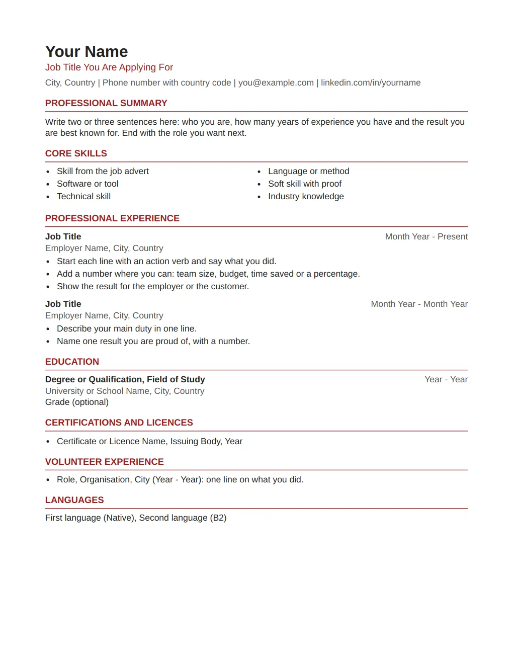 Canadian Resume template: preview of the first page