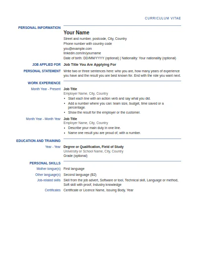 Europass-style CV template, first page