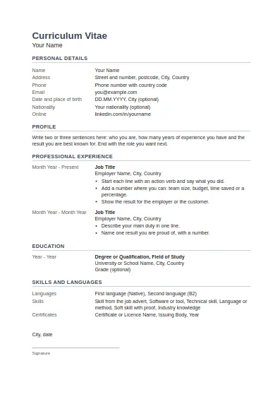 German CV (Lebenslauf) template, first page