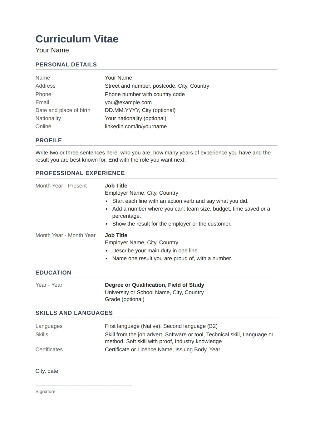 German CV (Lebenslauf) template: preview of the first page