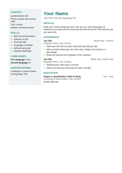 Modern CV template, first page