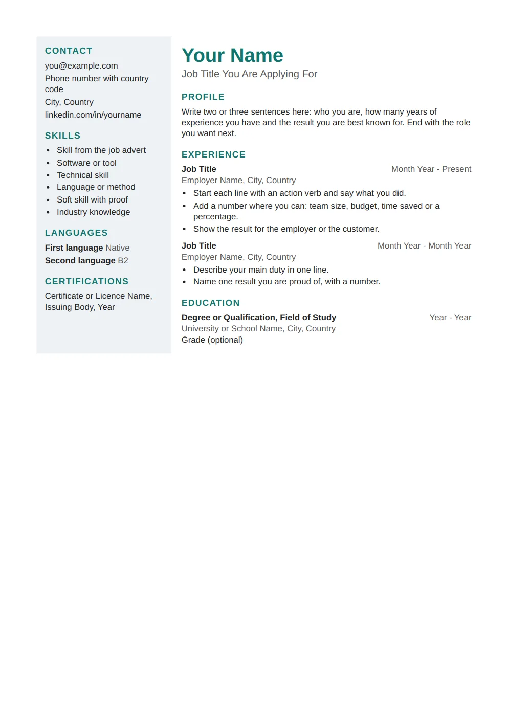 Modern CV template: preview of the first page