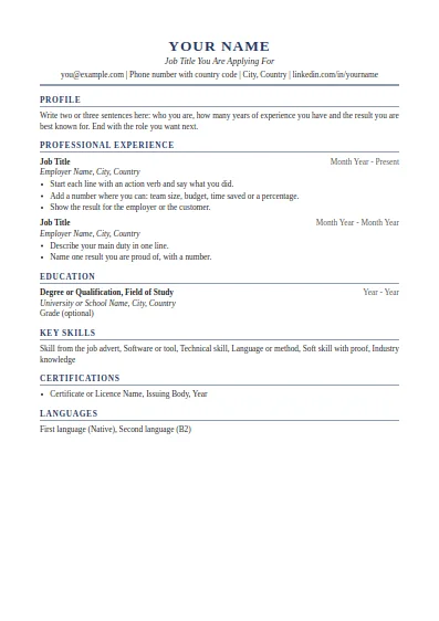 Professional CV template, first page