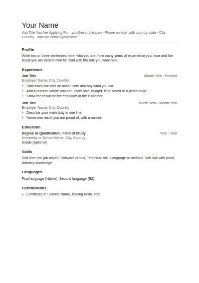 Simple CV template, first page