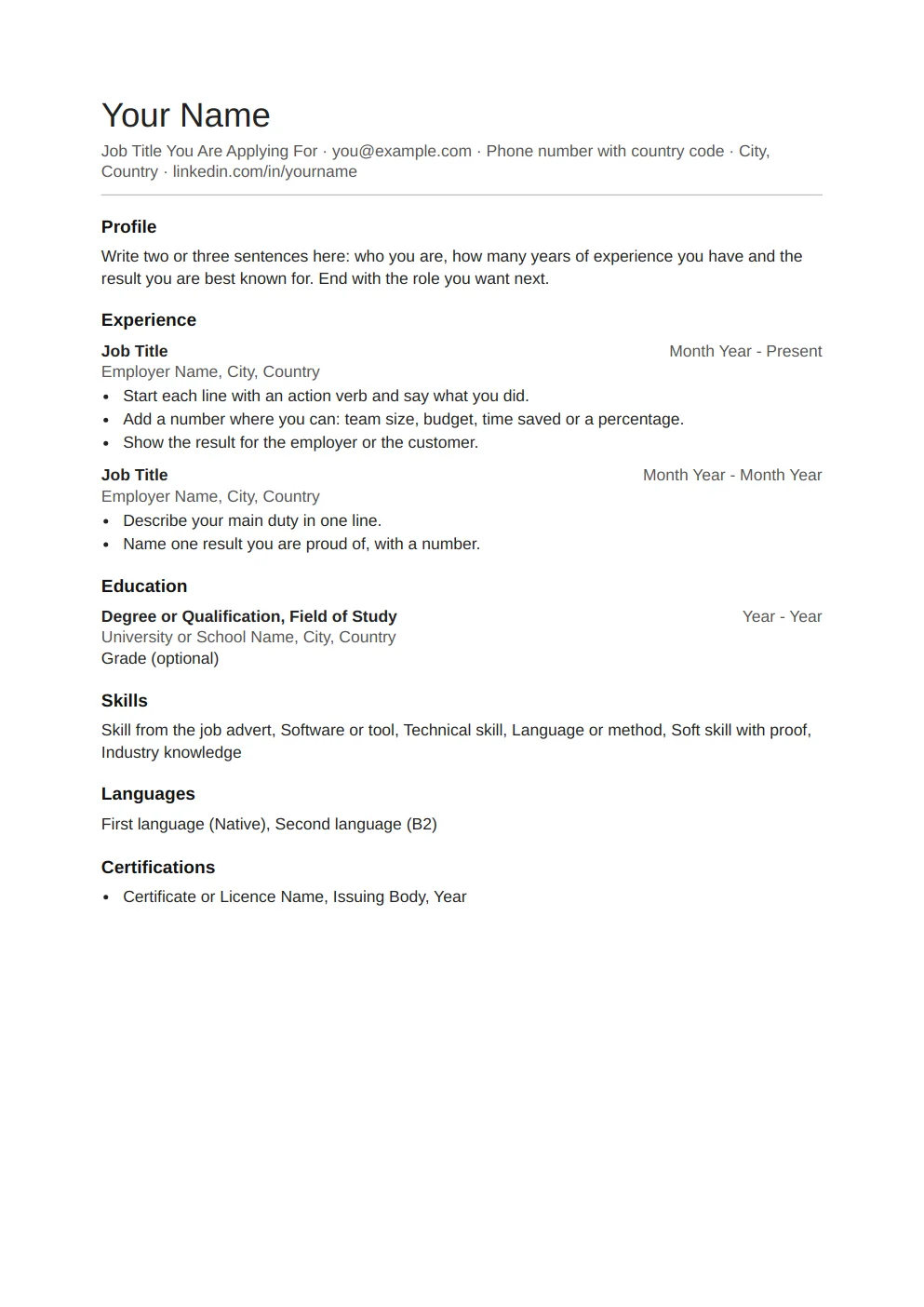 Simple CV template: preview of the first page