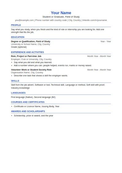 Student CV template, first page