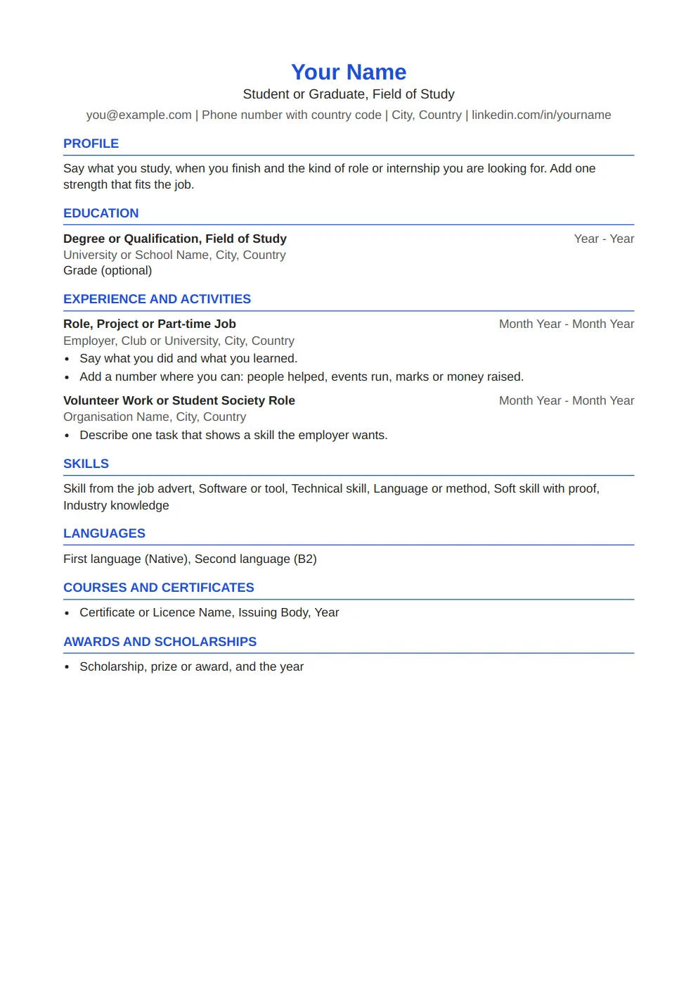 Student CV template: preview of the first page