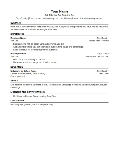 US Resume template, first page